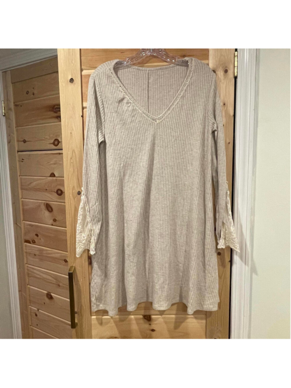 Women's Beige Ribbed V-Neck Dress with Lace Sleeve Detail